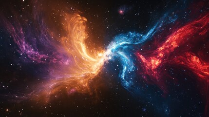 Wall Mural - a vibrant cosmic scene depicting swirling colors of orange, blue, and red in space.