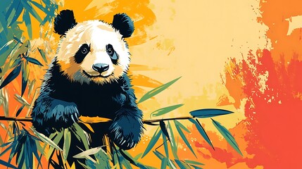 A cute panda bear sitting on a bamboo branch with a bright yellow and orange background.