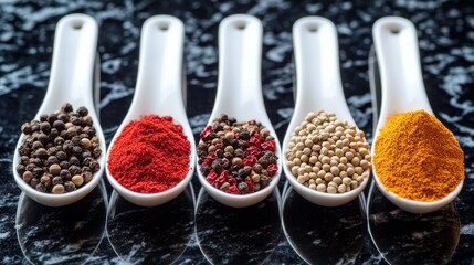 Poster - Five white spoons filled with various spices arranged on a dark marble surface.