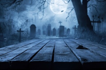 Ol wooden planks with mystery night cemetery background. Halloween background - generative ai