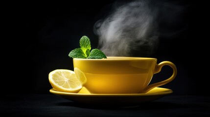 Sticker - A steaming yellow cup of tea with lemon and mint, evoking warmth and comfort.