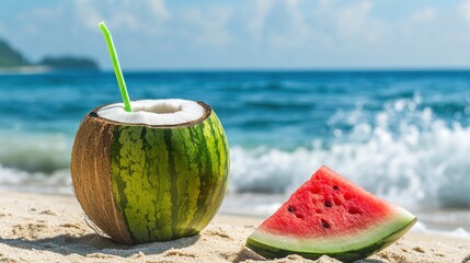 Canvas Print - A refreshing coconut drink served in a watermelon on a sandy beach with ocean waves.