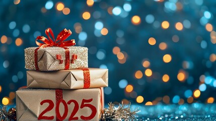 Christmas and New Year card. Number 2025 and stack of gift presents on holiday background. Christmas lights bokeh background. Crop square image.generative ai