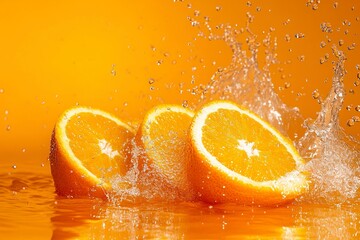 Creative layout made from Fresh Sliced oranges and Orange fruit and water Splashing on a orange background..generative ai