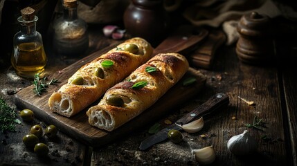 Canvas Print - Freshly baked bread with olives, garlic, and herbs on a rustic wooden board.