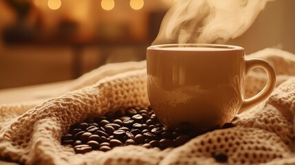 Sticker - A steaming cup of coffee sits on a cozy blanket surrounded by coffee beans.