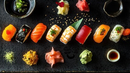 Canvas Print - A beautifully arranged platter of sushi, showcasing various types and accompaniments.