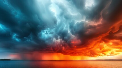 Stunning sunset sky over tranquil sea with dark clouds and sunrays. Mesmerizing cloudscape nature backdrop.