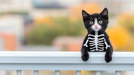 Sticker - A spooky feline decked out in a skeleton costume, perched on a Halloweenthemed rooftop, set against a clean backdrop.