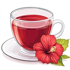 A glass cup of red hibiscus tea with a single hibiscus flower on a white saucer.