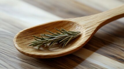 Wall Mural - A wooden spoon holding a sprig of rosemary on a textured surface.