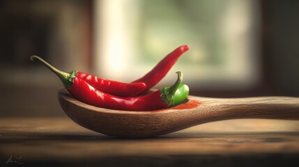 Poster - A wooden spoon holds fresh red and green chili peppers, showcasing vibrant colors and textures.