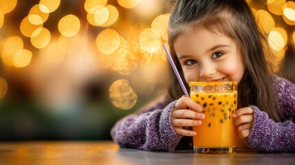 Canvas Print - A cheerful child enjoying a refreshing drink with a vibrant background.