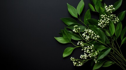 Poster - A composition of green leaves and small white flowers on a dark background.