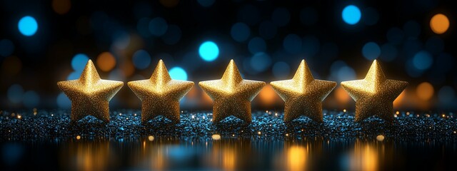 Five Golden Glitter Stars on a Black Background with Blue and Orange Bokeh Lights