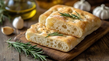 Wall Mural - Freshly baked focaccia bread garnished with rosemary and garlic on a wooden board.