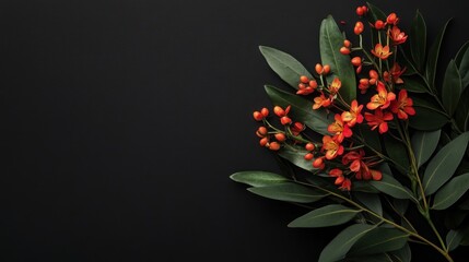 Poster - A vibrant arrangement of red flowers and green leaves on a dark background.