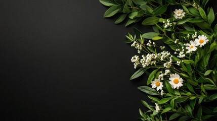 Poster - A dark background adorned with white flowers and green leaves, creating a natural aesthetic.