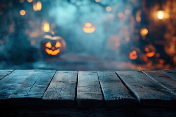 Empty wooden table and blurred with Halloween background. Halloween night. Mockup. Copy Space - generative ai