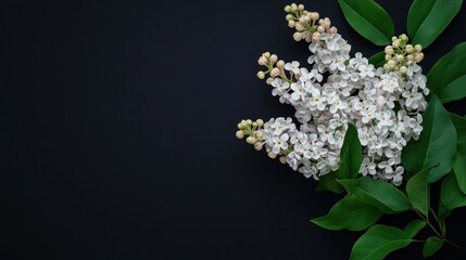 Canvas Print - A cluster of white lilac flowers with green leaves against a dark background.