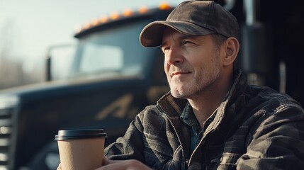 Sticker - A man enjoying coffee while sitting near a truck, reflecting in the sunlight.