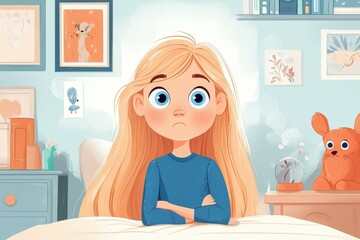 Poster - A sweet girl with long blond hair and blue eyes sits on her bed, surrounded by colorful toys and storybooks in her cozy room.