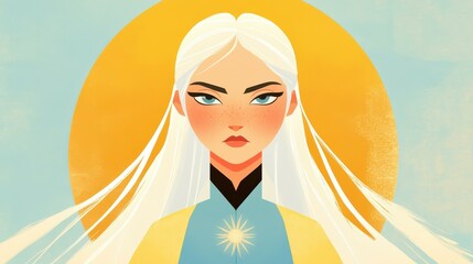 Sticker - A charming blonde woman embodies village royalty, donning a poofysleeved dress with warm tones in a flat art style.