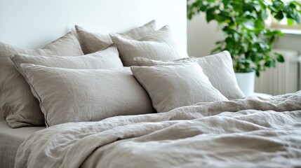 A  soft,  natural linen bedspread with multiple pillows,  arranged in a cozy and inviting way