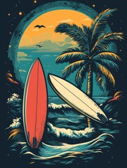 Two surfboards leaning against a palm tree on a beach with an orange sunset in the background.