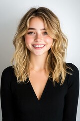 Poster - A cheerful blonde girl laughs joyfully, showcasing her funky style against a clean, white backdrop.