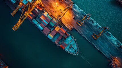 A large cargo ship docked at a port, with containers being loaded, representing global trade and logistics.