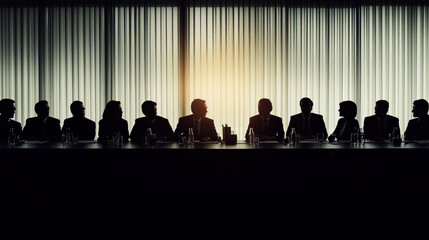 Silhouette group of businessmen and businesswomen stand together with a highrise city in the sunset background.