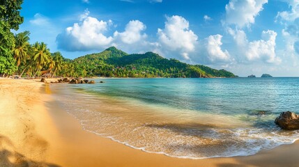 A panoramic view of the stunning Sairee Beach on Koh Tao, with golden sands, calm waves, and lush green hills in the distance.