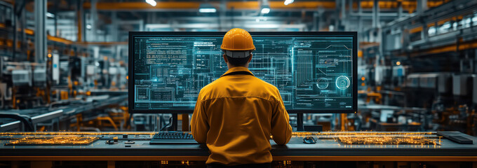 engineer using computer at industrial factory.