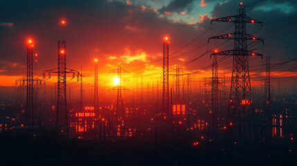 Wall Mural - High voltage electric power lines station with sunset sky background.