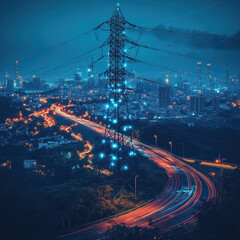 Wall Mural - High voltage electric power lines station with sunset sky background.