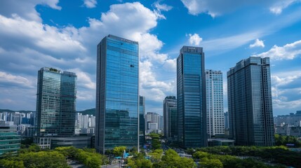 Wall Mural - A skyline shot of Seouls financial district, with high-rise buildings and corporate offices symbolizing Koreas economic strength and industrial power.