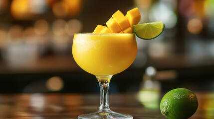 A tropical fruit cocktail made with mango puree, lime, and a splash of rum, served in a chilled glass.