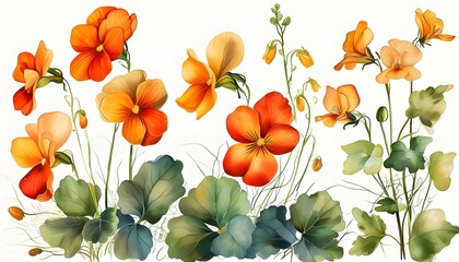 Wall Mural - Elegant Gold and Orange Pansy Floral Clipart Collection on White Background