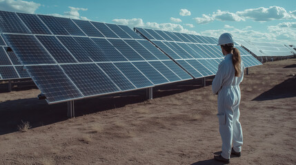 Engineer standing at Solar cell panel farm factory.