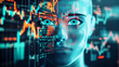 © Kunut - A futuristic robot face is depicted, integrated with stock market charts and data visualizations, symbolizing intersection of technology and finance. vibrant colors and digital elements evoke sense of