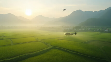 vietnamese village where life continues despite the backdrop of war. local villagers farm rice field