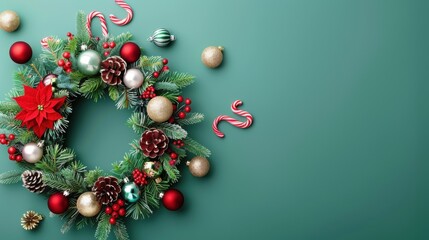 Poster - A festive Christmas wreath adorned with ornaments, pine cones, and candy canes against a teal background.