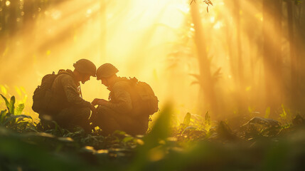 an intimate scene of soldiers helping each other in the midst of conflict. One soldier tends to the wounds of another under the cover of the jungle canopy, their faces etched with fatigue but filled w