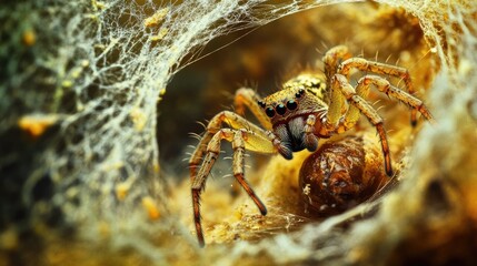 A close-up shot of a spider capturing an insect in its web, wrapping the prey in silk for a future meal.