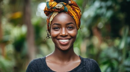 Portrait of a Smiling Black Woman with Headscarf in a Tropical Garden