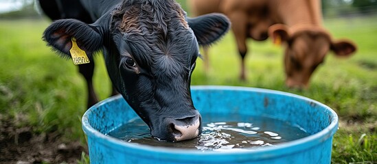 Black Cow Drinking From Blue Trough