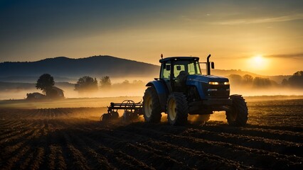 Tractor Plowing Fields at Dawn With a Golden Sunrise Over Misty Hills in Rural Landscape