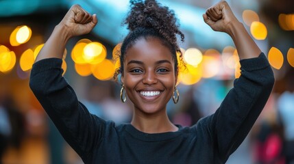 Happy Young Woman Celebrating Success  Joyful Expression  Black Woman Empowerment