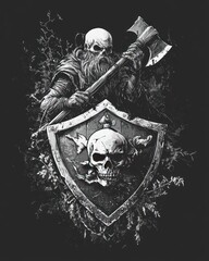 A skull-faced warrior with a beard, holding an axe and a shield with a skull and crossbones on it, standing in front of a dark background.